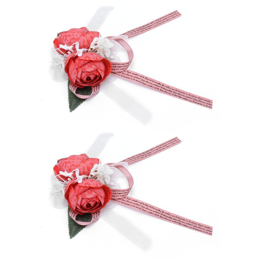 2Pcs Artificial Wrist Flower Innovative Bridesmaid Wrist Corsage Wedding DecorationRed
