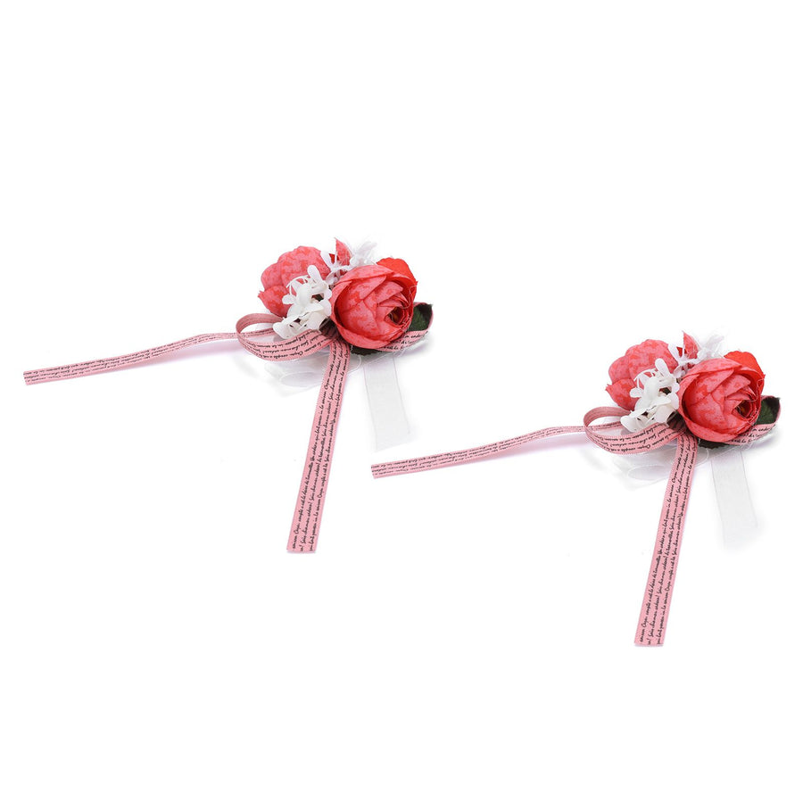 2Pcs Artificial Wrist Flower Innovative Bridesmaid Wrist Corsage Wedding DecorationRed