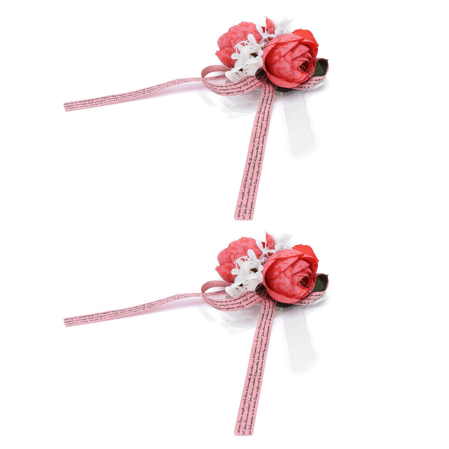 2Pcs Artificial Wrist Flower Innovative Bridesmaid Wrist Corsage Wedding DecorationRed