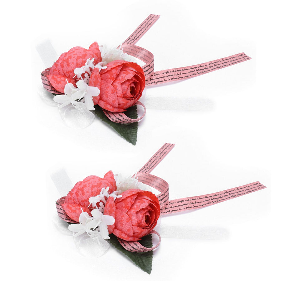 2Pcs Artificial Wrist Flower Innovative Bridesmaid Wrist Corsage Wedding DecorationRed