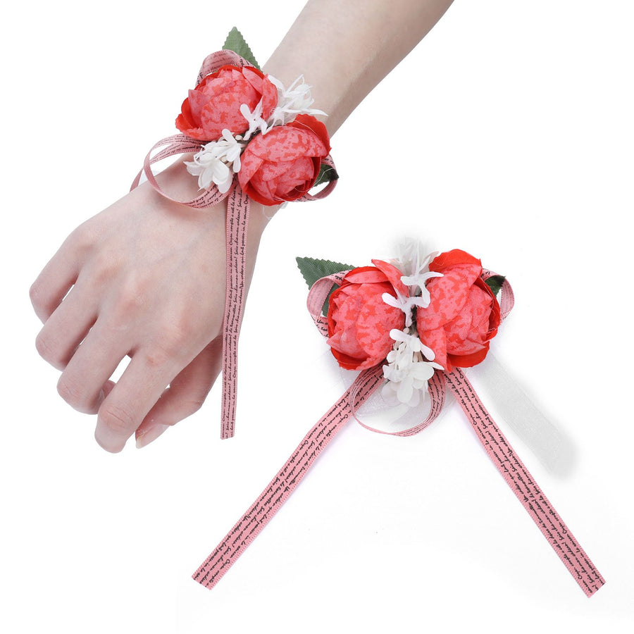 2Pcs Artificial Wrist Flower Innovative Bridesmaid Wrist Corsage Wedding DecorationRed