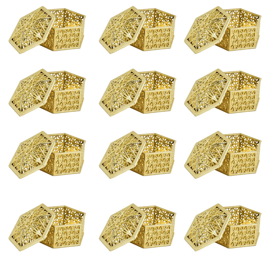12PCS Hollow Candy Box Plastic Candy Case Container for Wedding Bridal Shower SuppliesGold Hexagonal