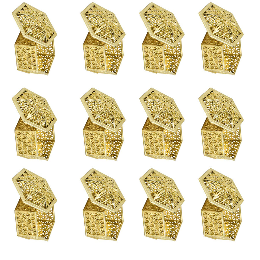 12PCS Hollow Candy Box Plastic Candy Case Container for Wedding Bridal Shower SuppliesGold Hexagonal