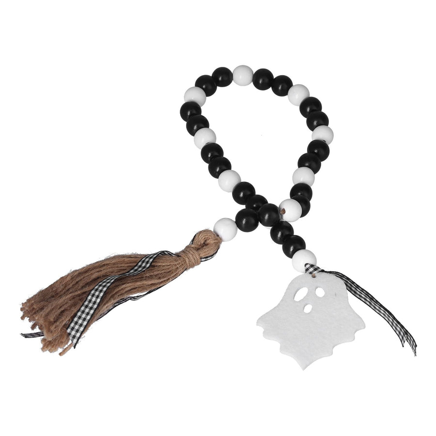 Halloween Wood Bead Garland Black White Wooden Beads String with Tassels for Home Festival