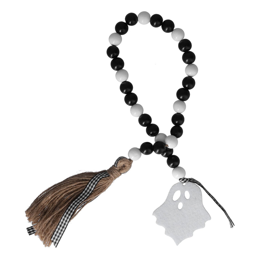 Halloween Wood Bead Garland Black White Wooden Beads String with Tassels for Home Festival