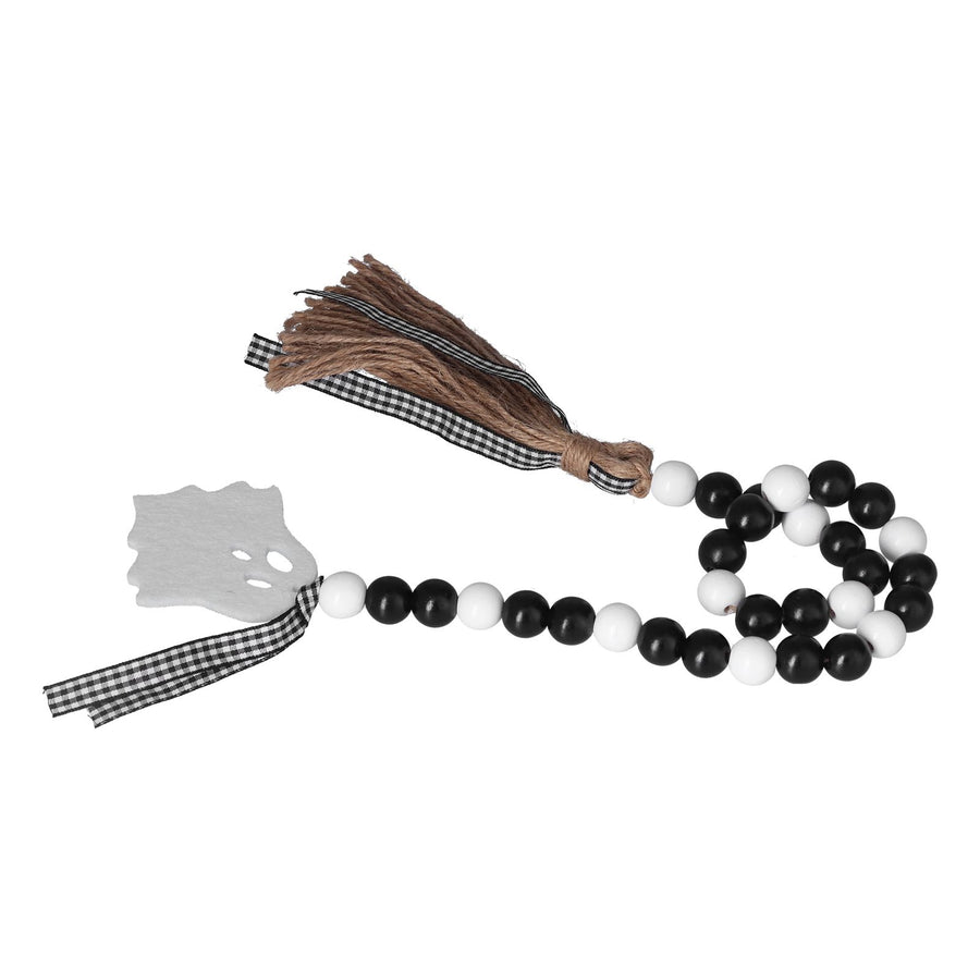 Halloween Wood Bead Garland Black White Wooden Beads String with Tassels for Home Festival
