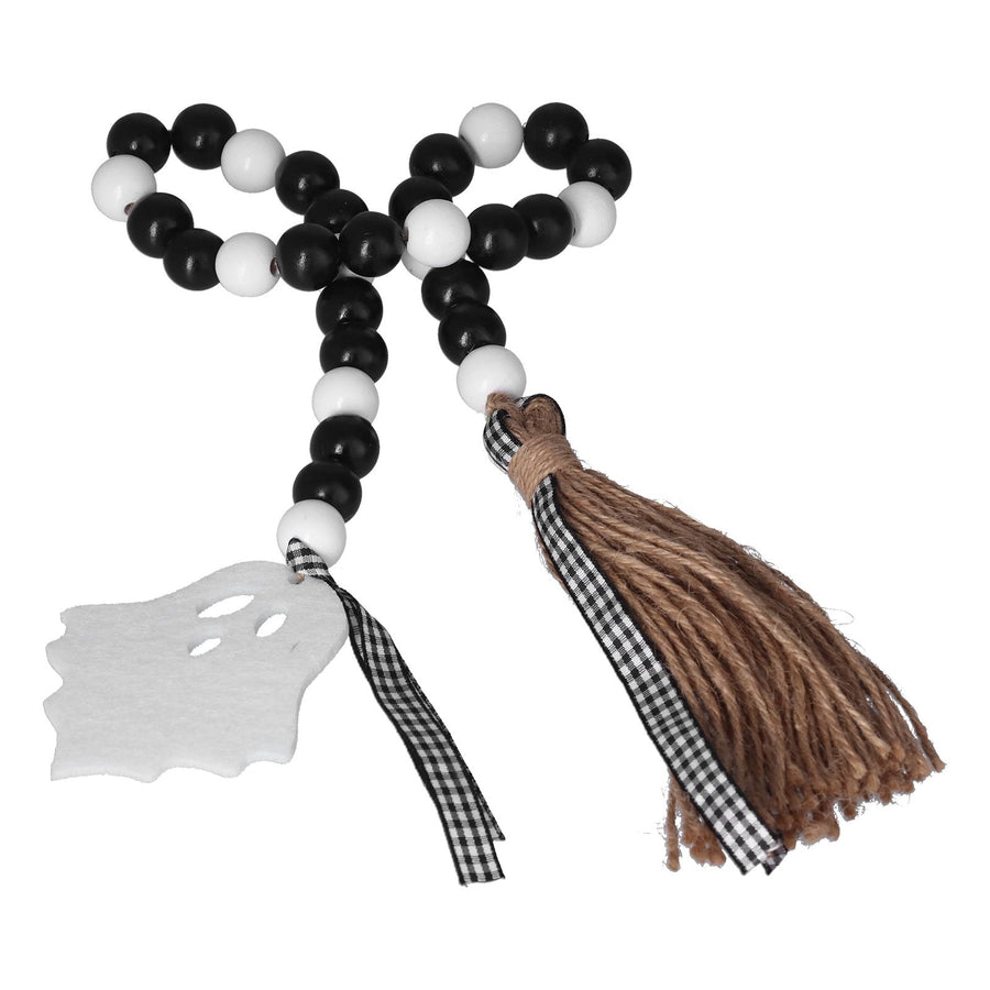Halloween Wood Bead Garland Black White Wooden Beads String with Tassels for Home Festival