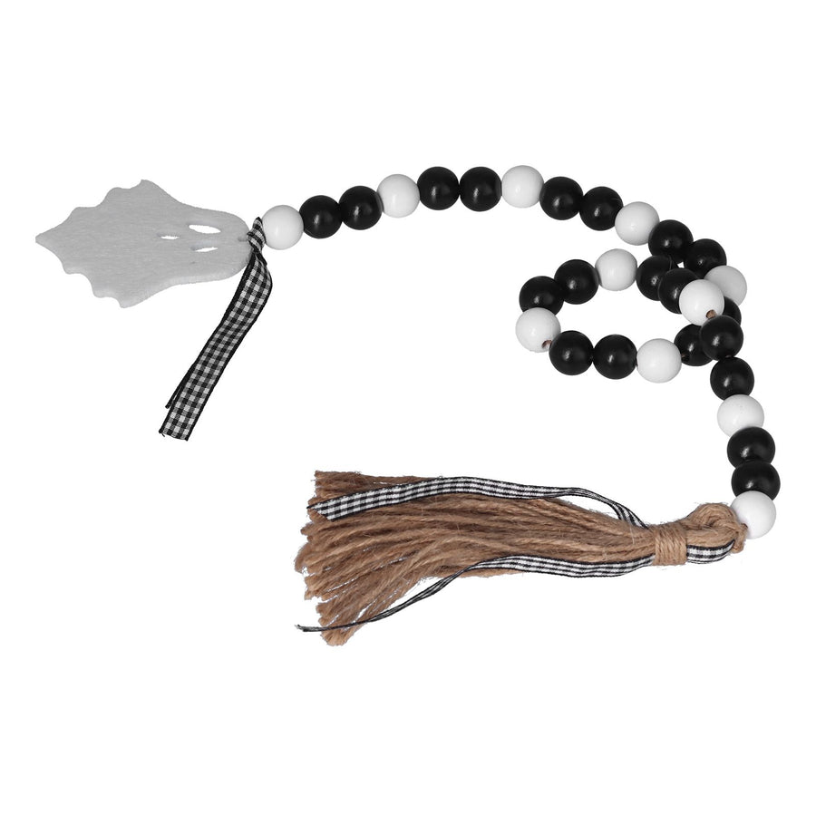Halloween Wood Bead Garland Black White Wooden Beads String with Tassels for Home Festival