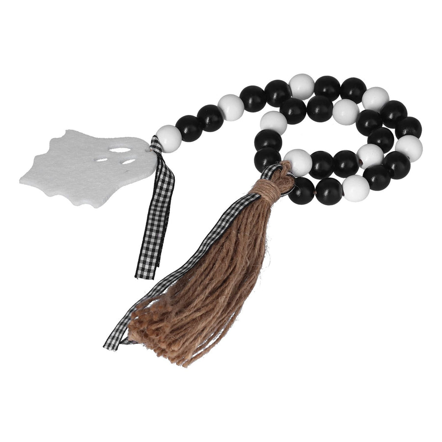 Halloween Wood Bead Garland Black White Wooden Beads String with Tassels for Home Festival