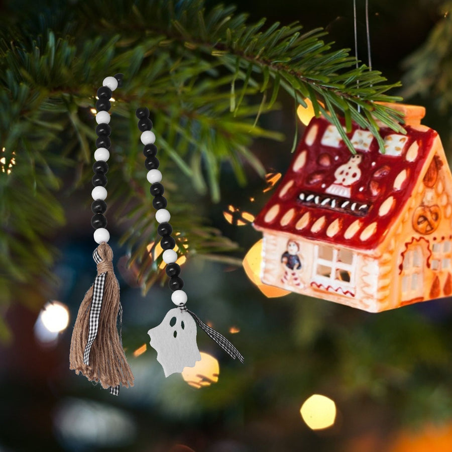 Halloween Wood Bead Garland Black White Wooden Beads String with Tassels for Home Festival