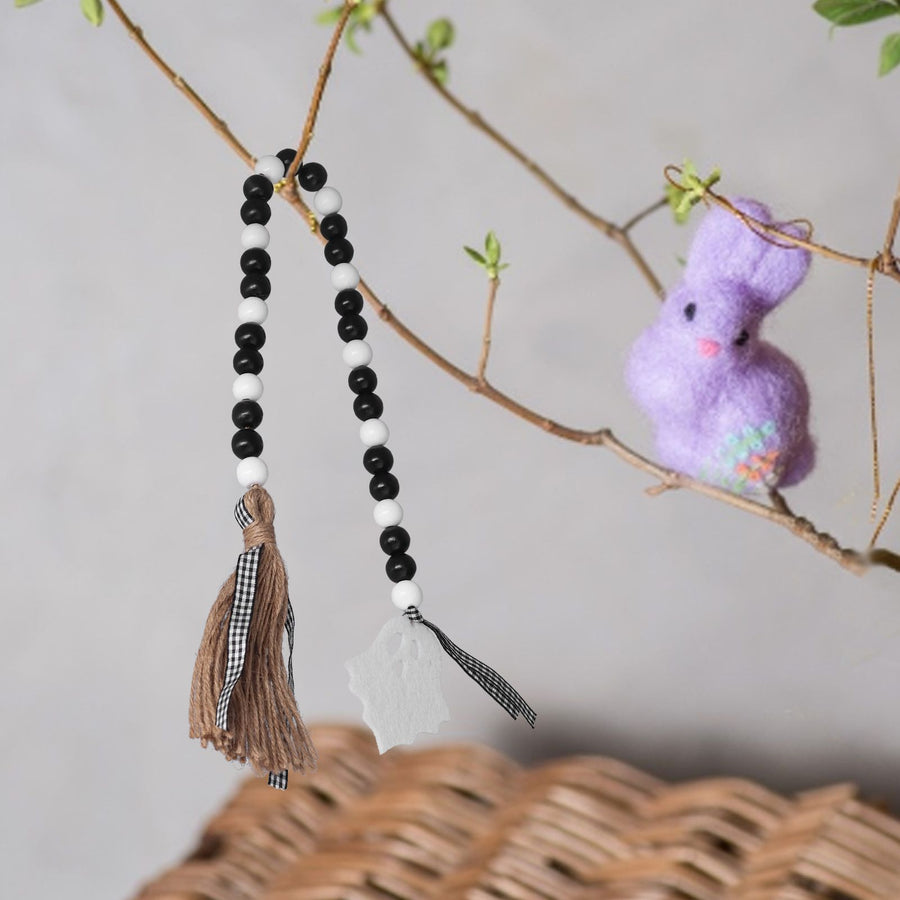 Halloween Wood Bead Garland Black White Wooden Beads String with Tassels for Home Festival
