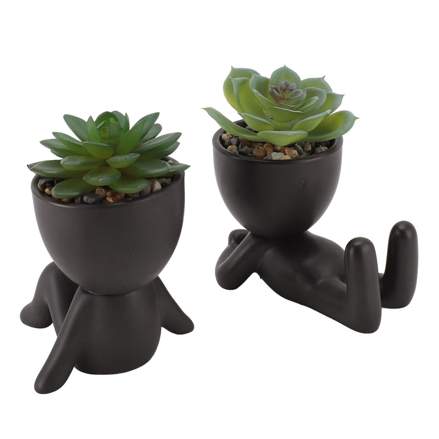 2pcs Artificial Succulent Flower Pot Cute Innovative Human Shaped Mini Fake Succulent Flower Pot for Home Desktop Decor Black