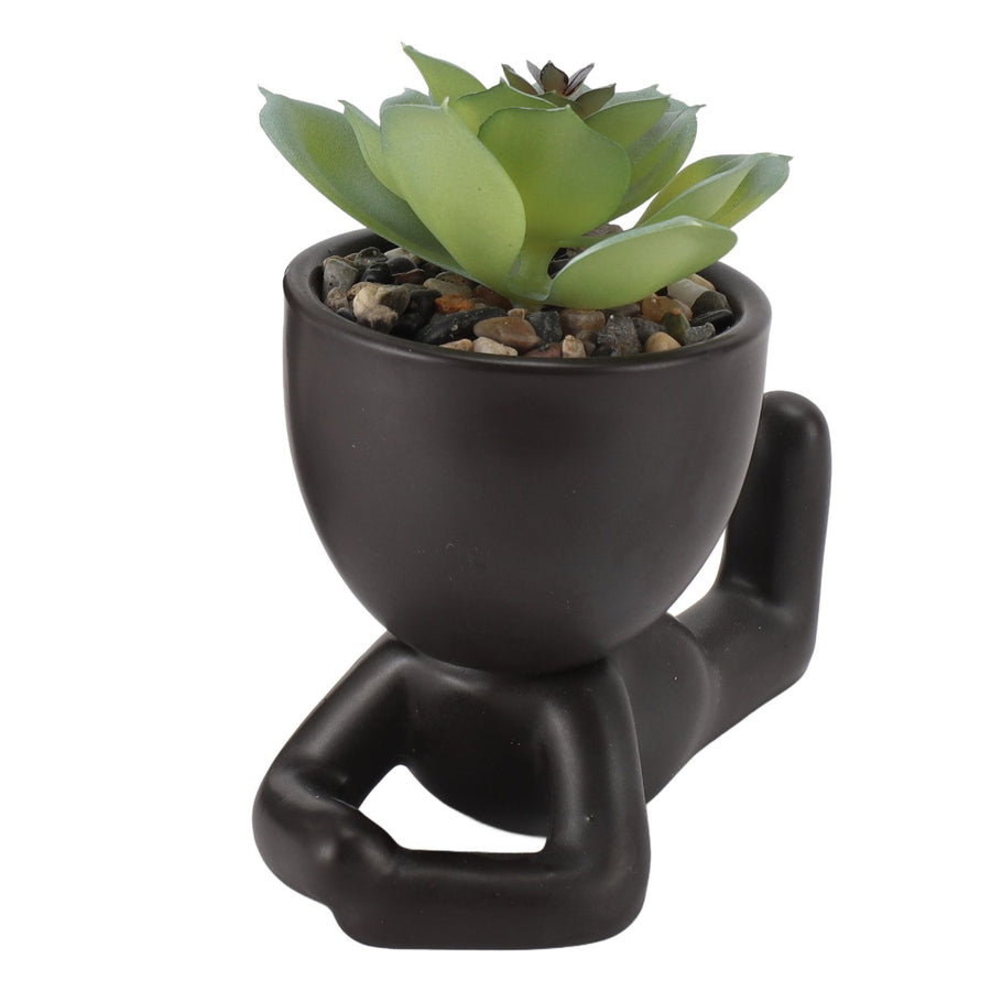 2pcs Artificial Succulent Flower Pot Cute Innovative Human Shaped Mini Fake Succulent Flower Pot for Home Desktop Decor Black