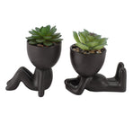 2pcs Artificial Succulent Flower Pot Cute Innovative Human Shaped Mini Fake Succulent Flower Pot for Home Desktop Decor Black