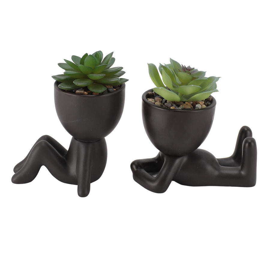 2pcs Artificial Succulent Flower Pot Cute Innovative Human Shaped Mini Fake Succulent Flower Pot for Home Desktop Decor Black