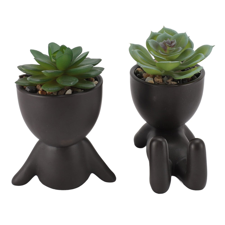 2pcs Artificial Succulent Flower Pot Cute Innovative Human Shaped Mini Fake Succulent Flower Pot for Home Desktop Decor Black