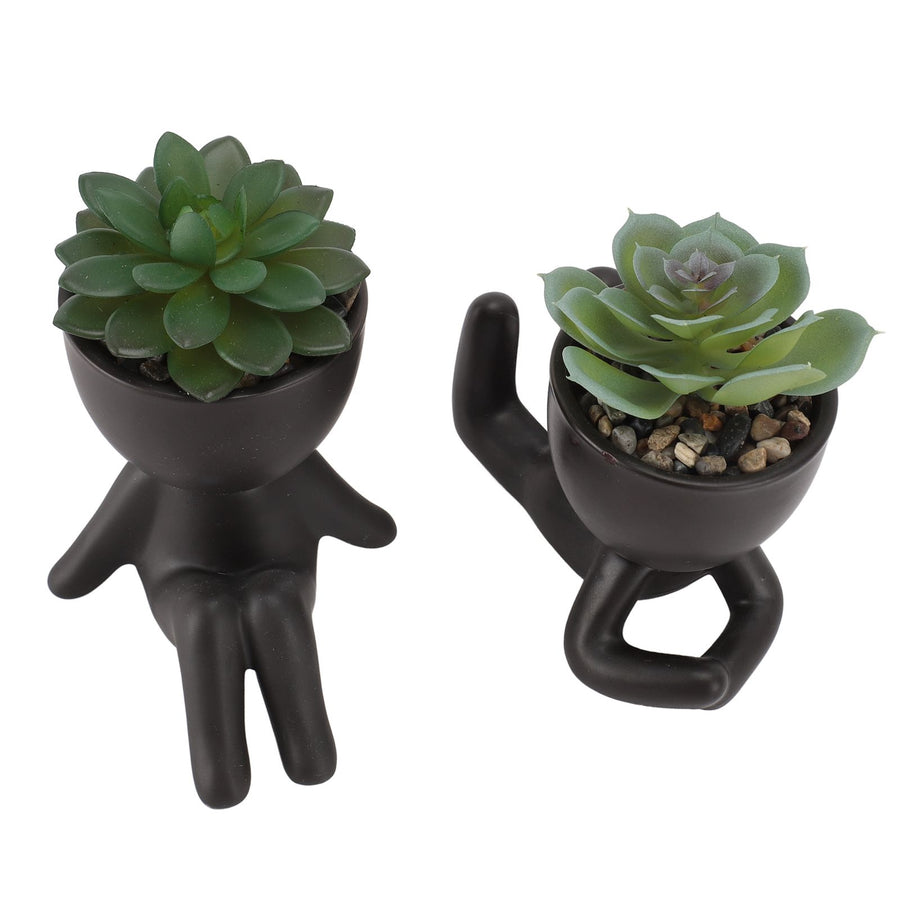 2pcs Artificial Succulent Flower Pot Cute Innovative Human Shaped Mini Fake Succulent Flower Pot for Home Desktop Decor Black