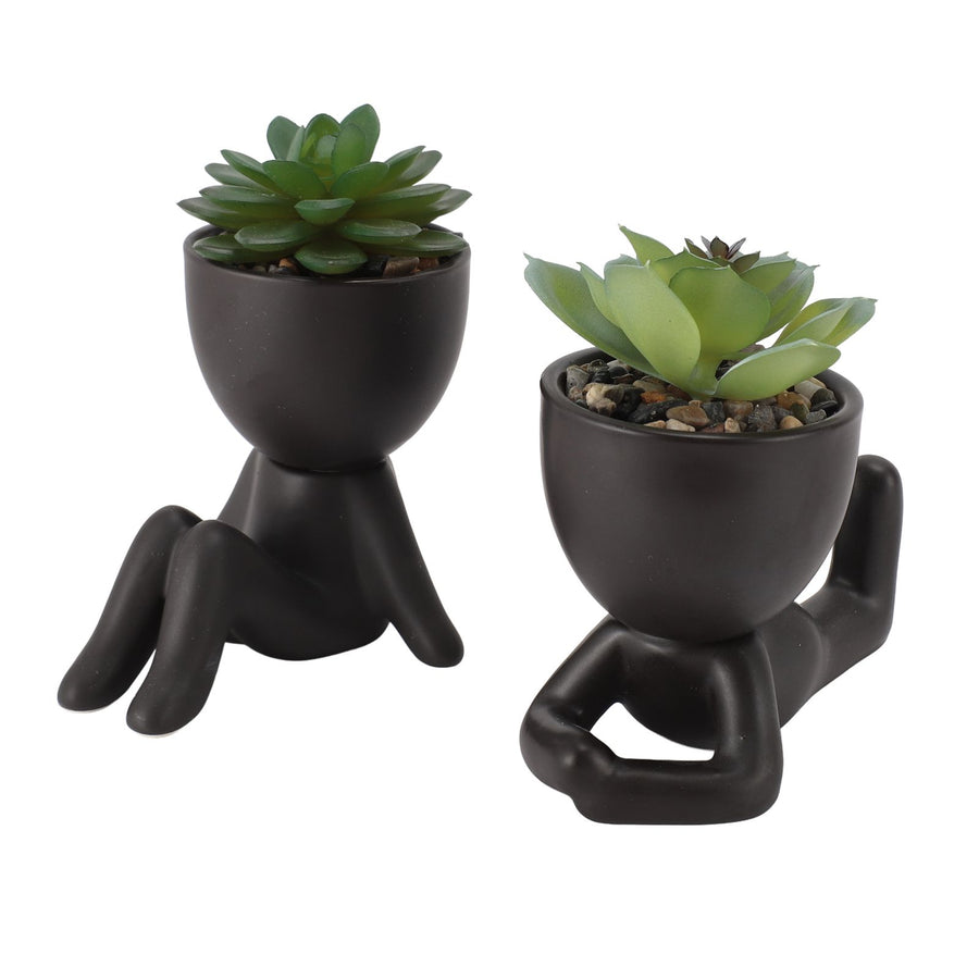 2pcs Artificial Succulent Flower Pot Cute Innovative Human Shaped Mini Fake Succulent Flower Pot for Home Desktop Decor Black