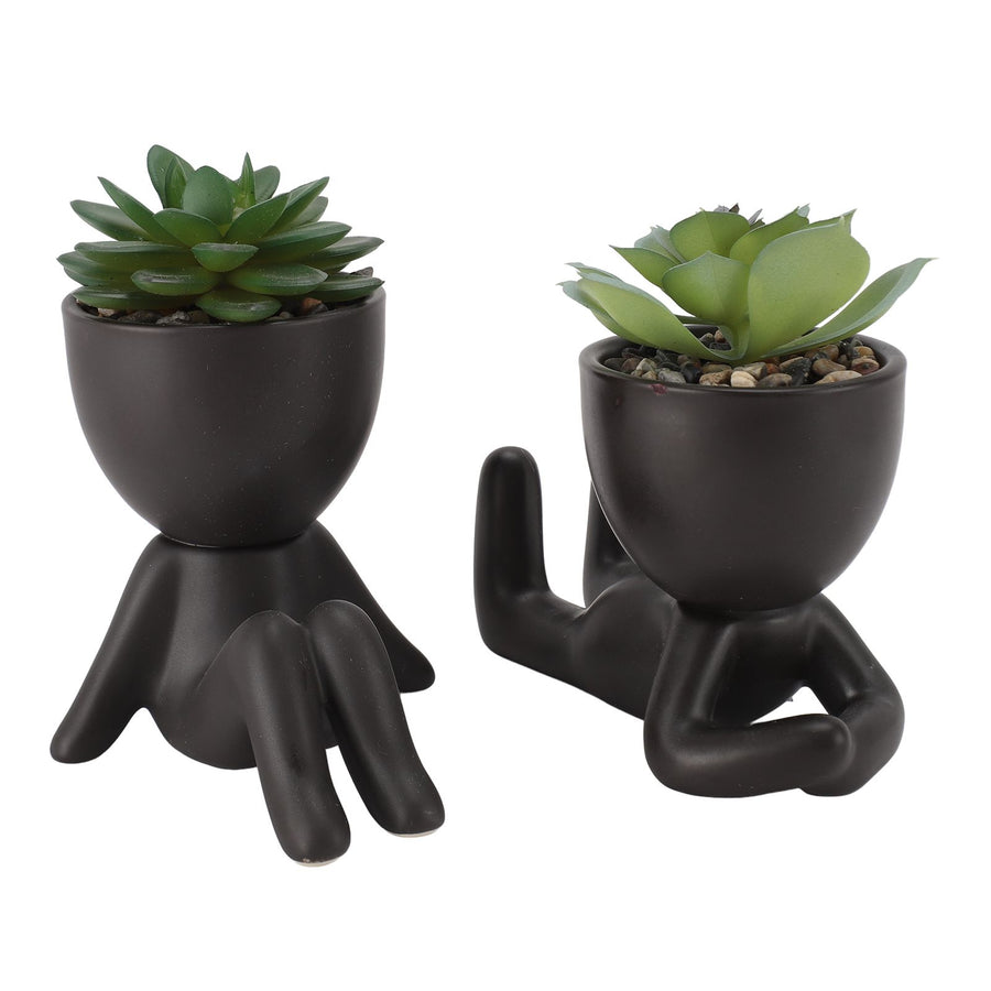 2pcs Artificial Succulent Flower Pot Cute Innovative Human Shaped Mini Fake Succulent Flower Pot for Home Desktop Decor Black