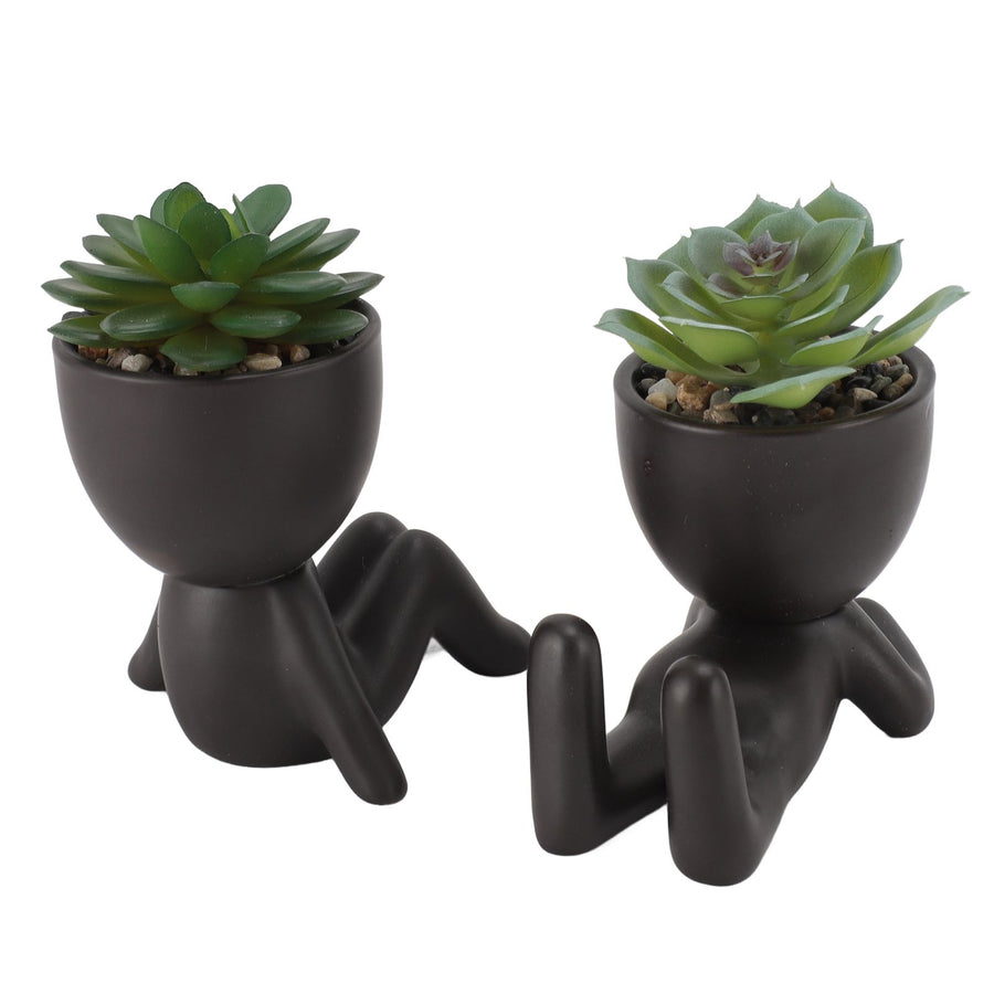 2pcs Artificial Succulent Flower Pot Cute Innovative Human Shaped Mini Fake Succulent Flower Pot for Home Desktop Decor Black