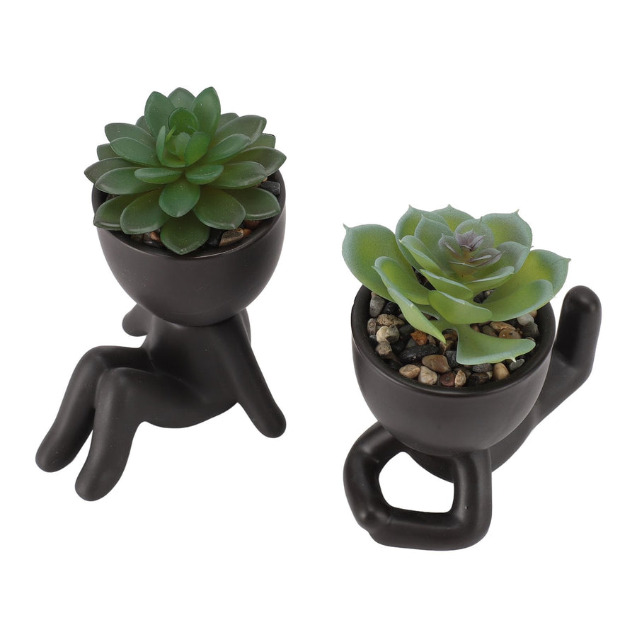 2pcs Artificial Succulent Flower Pot Cute Innovative Human Shaped Mini Fake Succulent Flower Pot for Home Desktop Decor Black