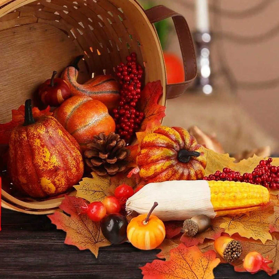 49 Pcs Fall Pumpkin Decoration Lifelike Artificial Pumpkin Pine Cones Hazelnuts Corn Red Berries Maple Leaves Models
