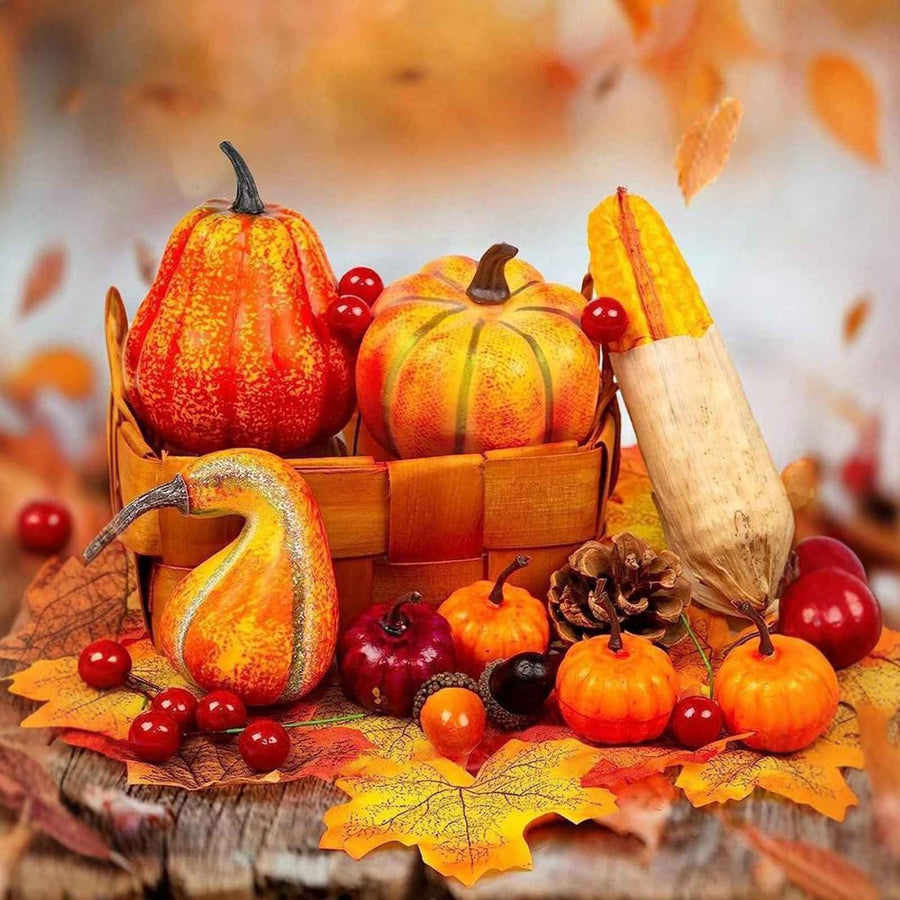 49 Pcs Fall Pumpkin Decoration Lifelike Artificial Pumpkin Pine Cones Hazelnuts Corn Red Berries Maple Leaves Models