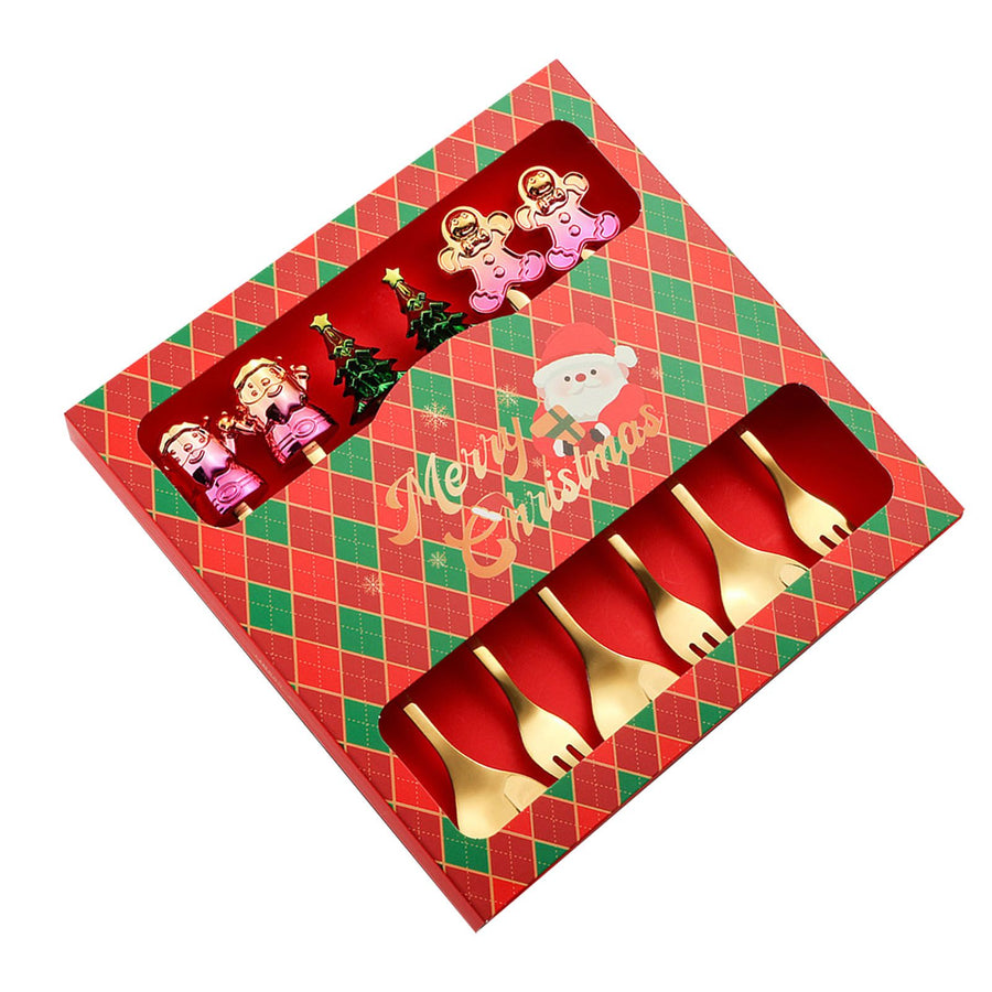 6 Pcs Xmas Spoon Fork Set Cute Design Stainless Steel Tea Coffee Spoon and Fruit Fork Set