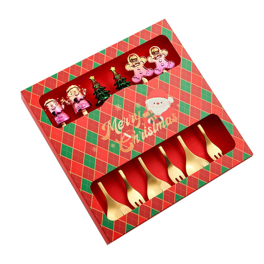 6 Pcs Xmas Spoon Fork Set Cute Design Stainless Steel Tea Coffee Spoon and Fruit Fork Set