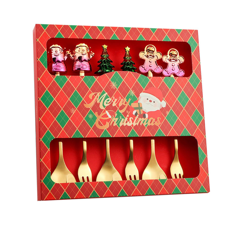 6 Pcs Xmas Spoon Fork Set Cute Design Stainless Steel Tea Coffee Spoon and Fruit Fork Set