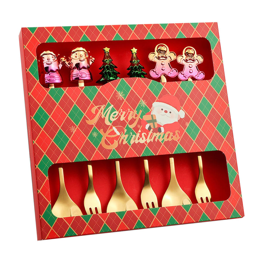6 Pcs Xmas Spoon Fork Set Cute Design Stainless Steel Tea Coffee Spoon and Fruit Fork Set
