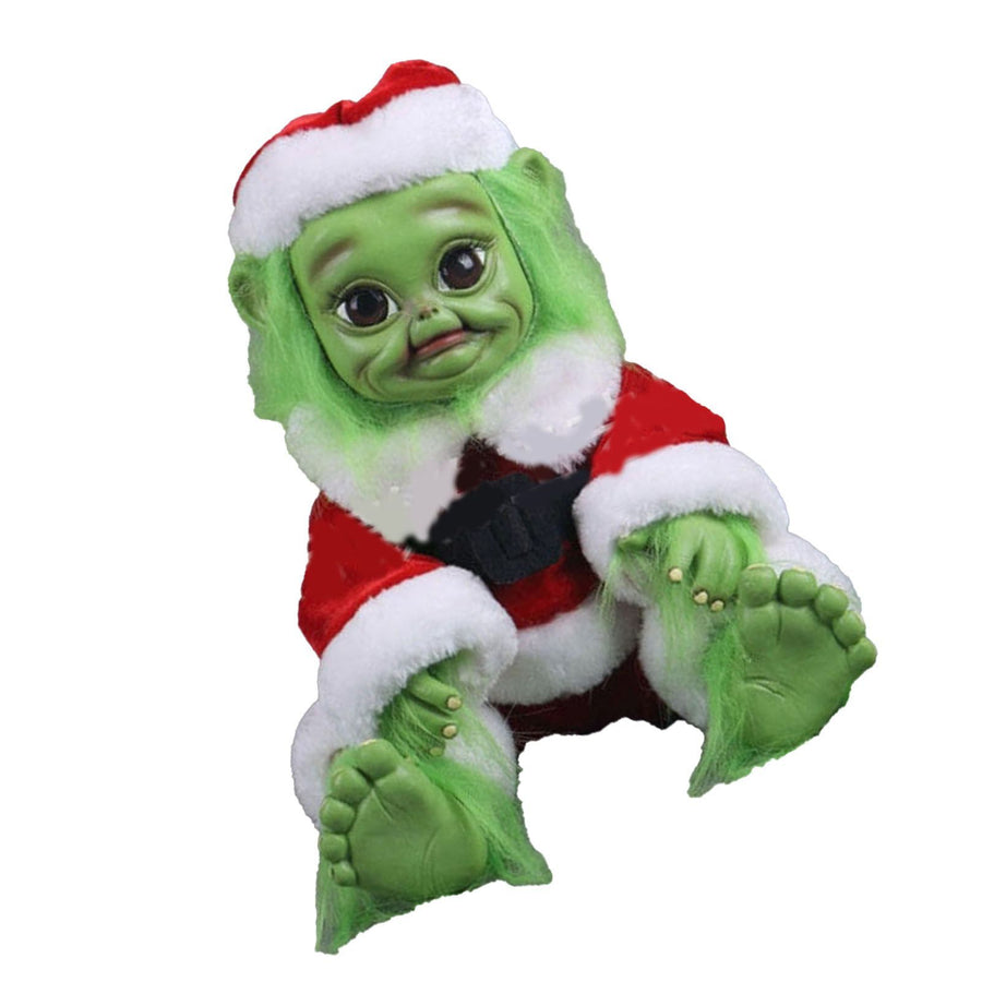 Green Hair Monster Doll with Xmas Clothes Unique Green Fur Monster Doll for Decoration Xmas Toy