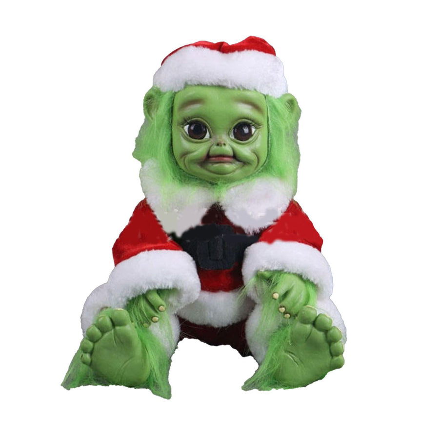 Green Hair Monster Doll with Xmas Clothes Unique Green Fur Monster Doll for Decoration Xmas Toy