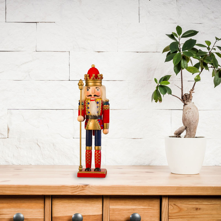 Nutcracker Figurine Exquisite Xmas Themed Wooden Nutcracker Ornament for Wine Cabinet Desk Red King