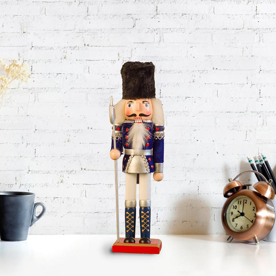 Nutcracker Figurine Exquisite Xmas Themed Wooden Nutcracker Ornament for Wine Cabinet Desk Blue Soldier with An Axe
