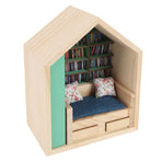 Miniature Bookshelf Handmade Wooden House Model with Small Pillows Funny Mini Bookshelf Ornament for Desk Decoration