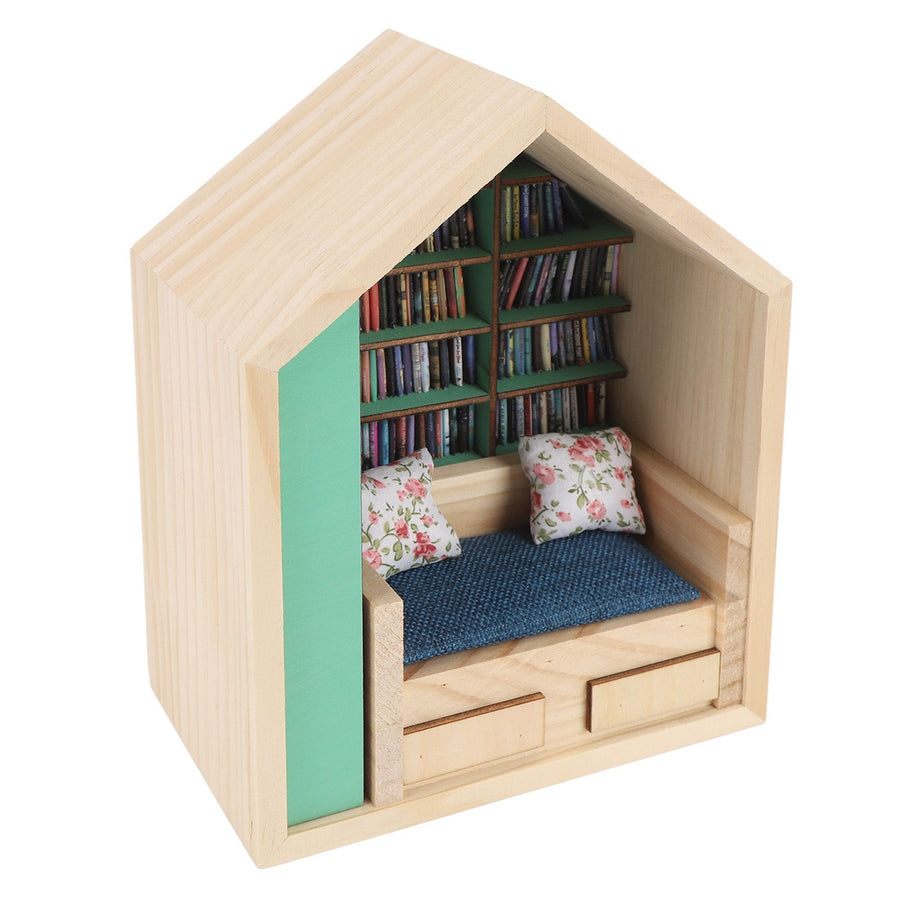 Miniature Bookshelf Handmade Wooden House Model with Small Pillows Funny Mini Bookshelf Ornament for Desk Decoration
