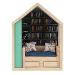 Miniature Bookshelf Handmade Wooden House Model with Small Pillows Funny Mini Bookshelf Ornament for Desk Decoration