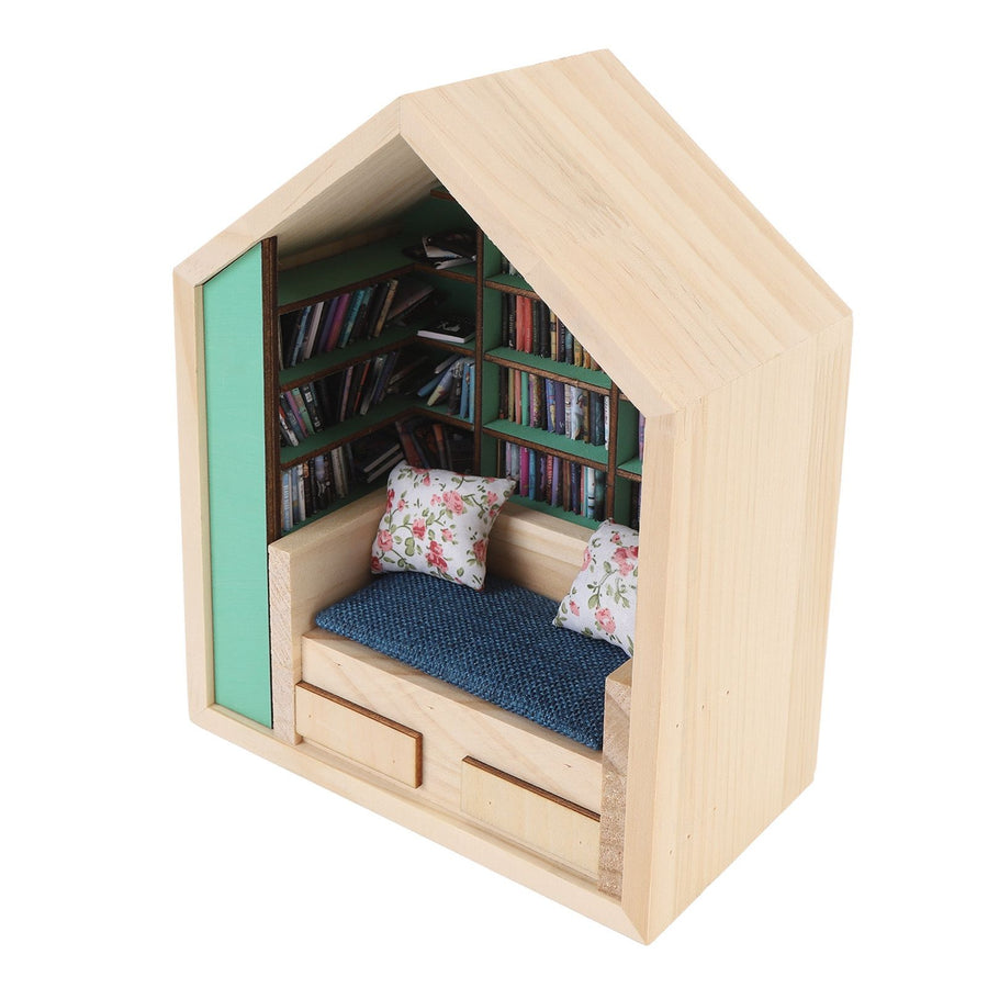 Miniature Bookshelf Handmade Wooden House Model with Small Pillows Funny Mini Bookshelf Ornament for Desk Decoration