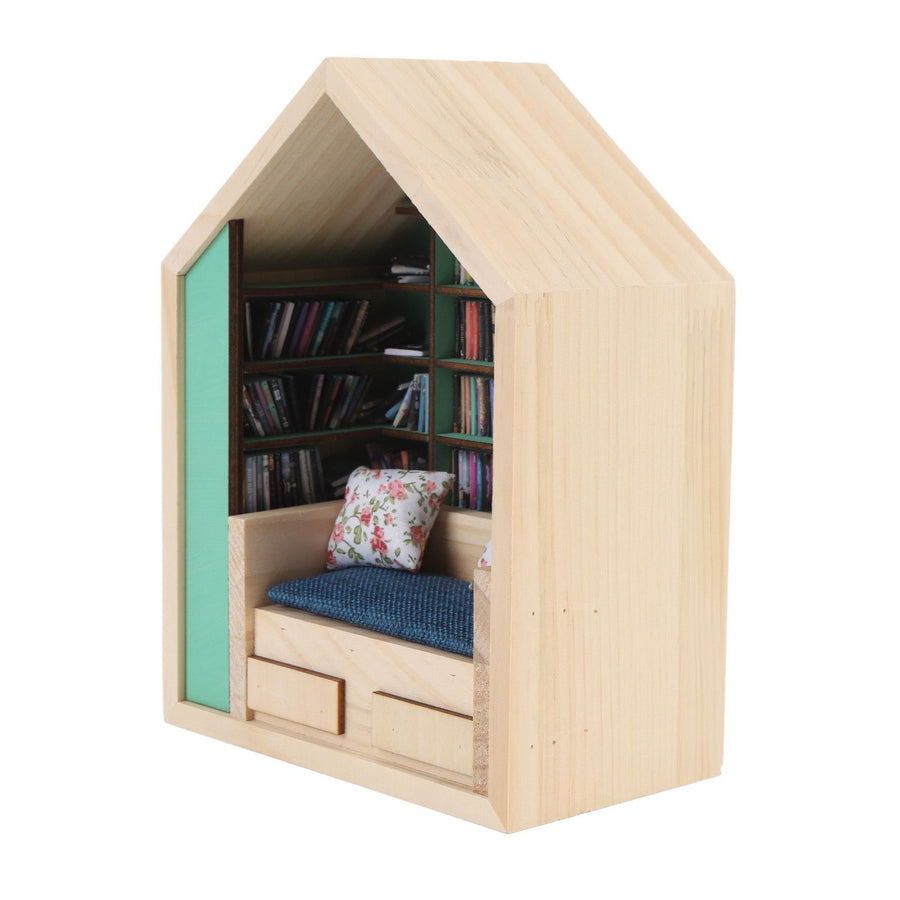 Miniature Bookshelf Handmade Wooden House Model with Small Pillows Funny Mini Bookshelf Ornament for Desk Decoration