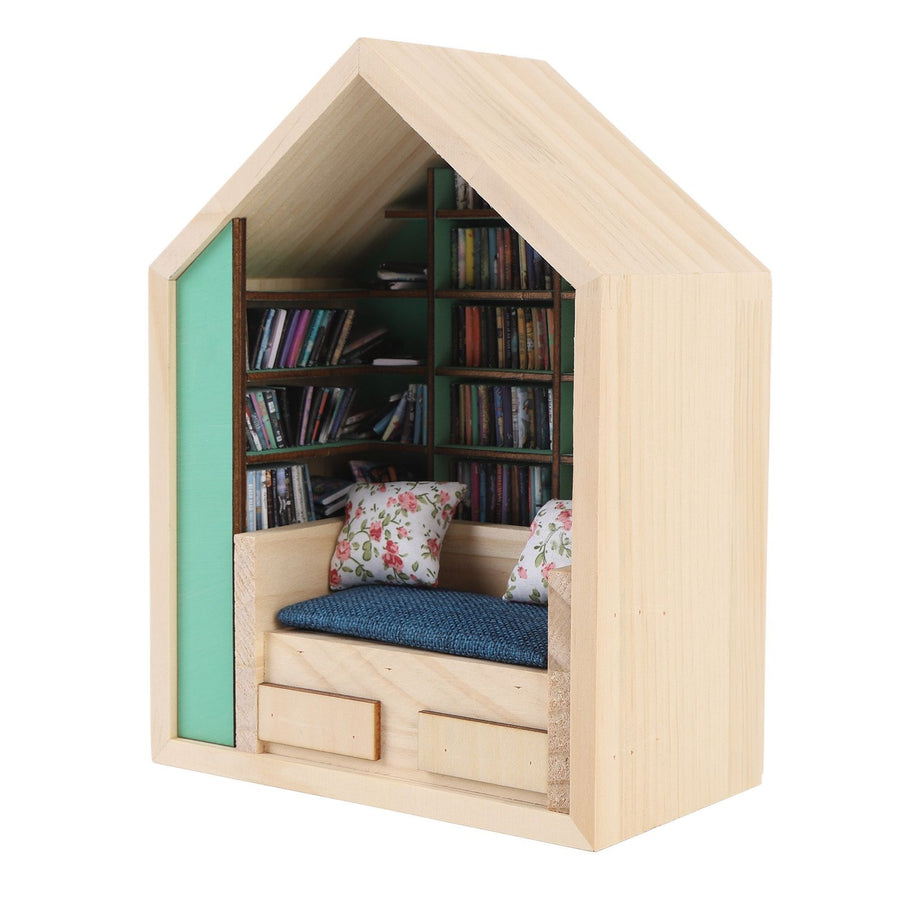 Miniature Bookshelf Handmade Wooden House Model with Small Pillows Funny Mini Bookshelf Ornament for Desk Decoration