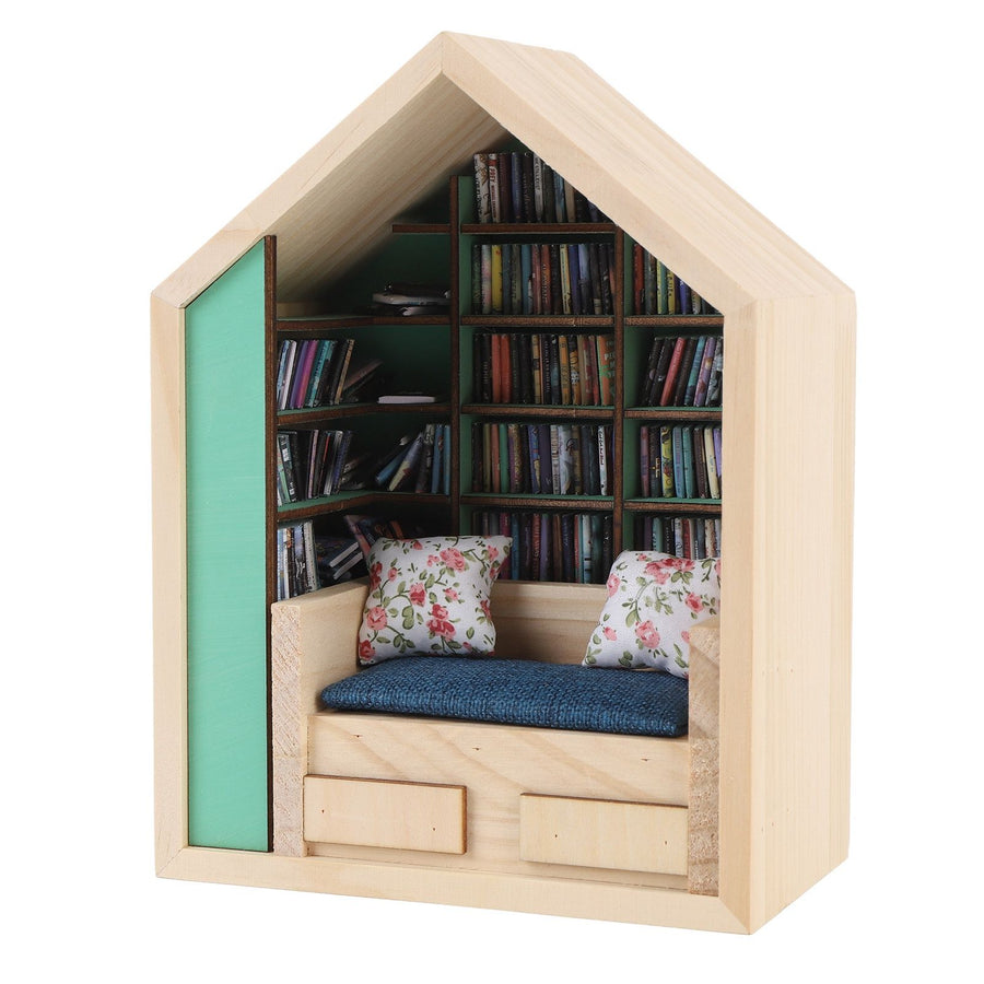 Miniature Bookshelf Handmade Wooden House Model with Small Pillows Funny Mini Bookshelf Ornament for Desk Decoration