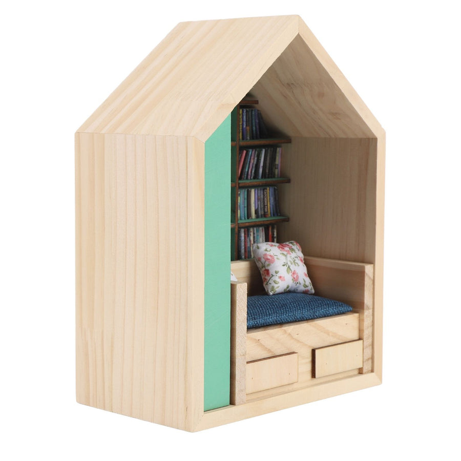 Miniature Bookshelf Handmade Wooden House Model with Small Pillows Funny Mini Bookshelf Ornament for Desk Decoration