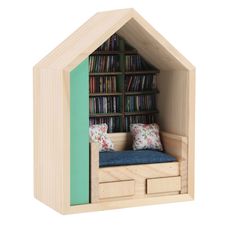 Miniature Bookshelf Handmade Wooden House Model with Small Pillows Funny Mini Bookshelf Ornament for Desk Decoration