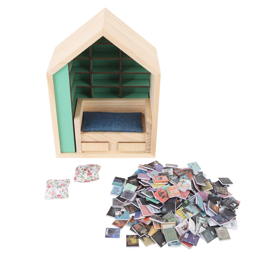 Miniature Bookshelf Handmade Wooden House Model with Small Pillows Funny Mini Bookshelf Ornament for Desk Decoration