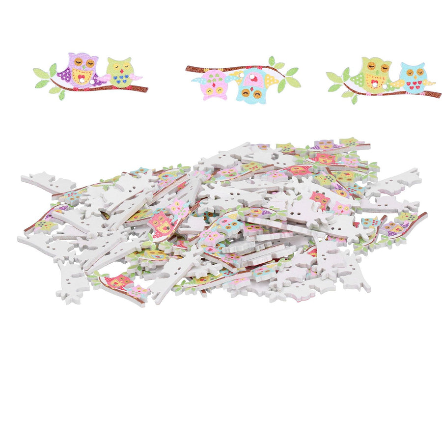 100Pcs Wooden Buttons Cartoon Owl Pattern Button for Scrapbook Crafts Clothing Decoration