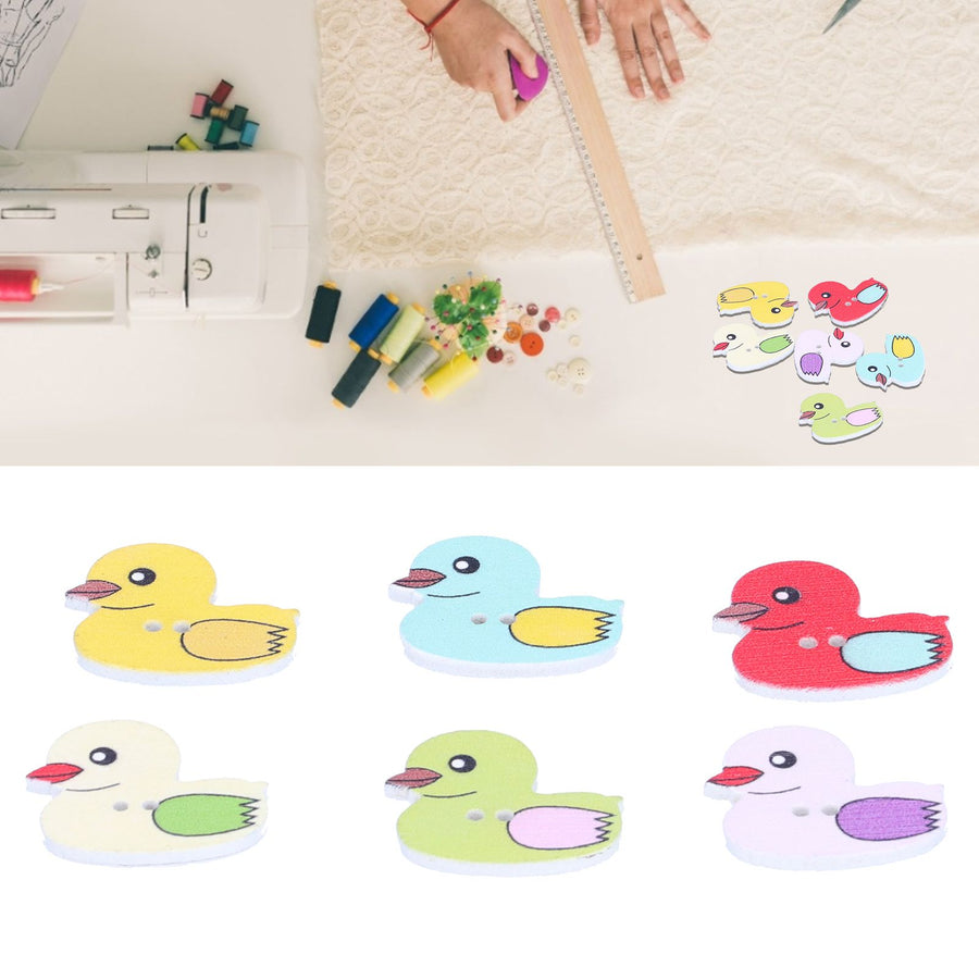 50Pcs DIY Wood Buttons Cute Cartoon Duck Pattern Buttons for DIY Crafts Scrapbooking