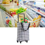 Shopping Cart Foldable Portable Grocery Cart Oxford Fabric Shopping Trolley with Wheels Extendable Handle for Travel Black and White Grid