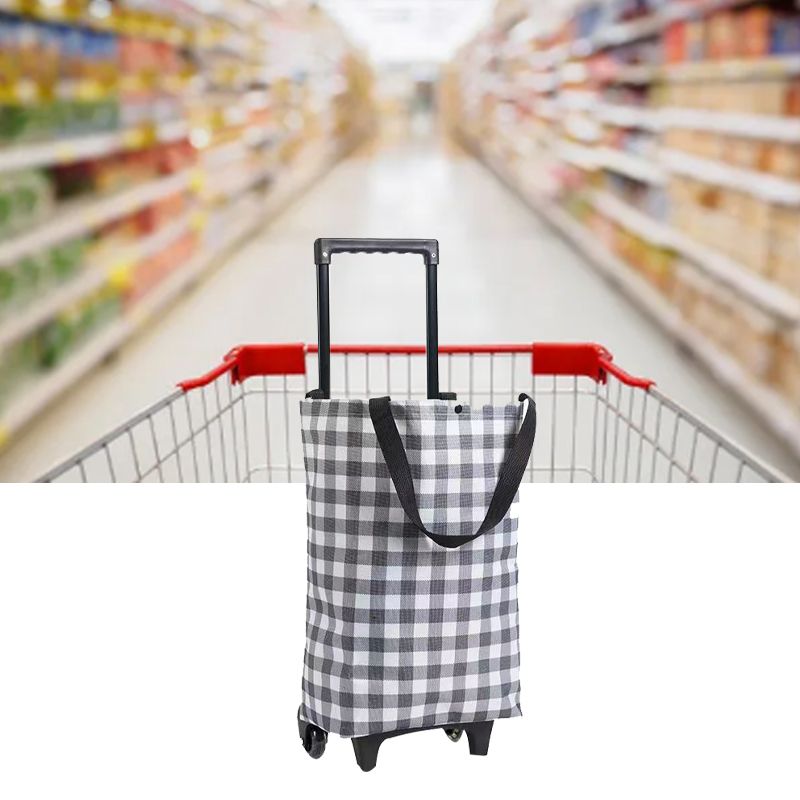 Shopping Cart Foldable Portable Grocery Cart Oxford Fabric Shopping Trolley with Wheels Extendable Handle for Travel Black and White Grid