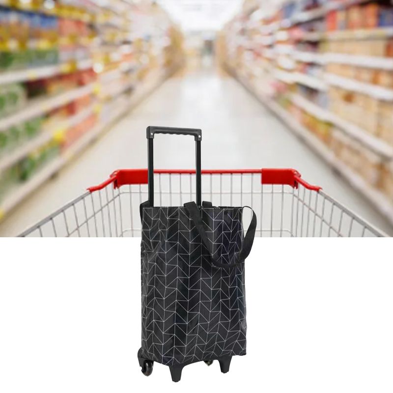 Shopping Cart Foldable Portable Grocery Cart Oxford Fabric Shopping Trolley with Wheels Extendable Handle for Travel Black Line